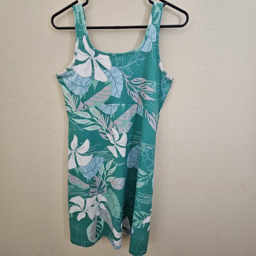Columbia Womens PFG Green Tank Dress Floral Teal Sleeveless Dress